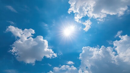 Bright sunny sky with fluffy clouds. Capturing the beauty of a clear day, with the sun's radiant glow