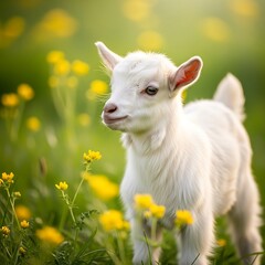 Obraz premium Adorable white baby goat in a sunny meadow of vibrant yellow wildflowers, perfect for springtime projects and heartwarming farm animal stories