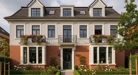 Fototapeta premium A grand, white, two-story house with red brick and white trim, featuring multiple windows and balconies adorned with potted plants and flowers.