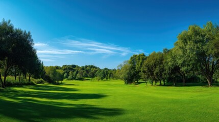 A sprawling, verdant landscape under a bright, clear blue sky. A beautiful scene of rolling green fields, lush trees