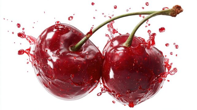 Two cherries with water splash, representing freshness and juicy fruit