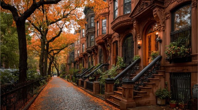 A scenic autumn view of a charming street lined with brownstone houses and vibrant trees. A path leads through the scene, adding depth to the photograph. 