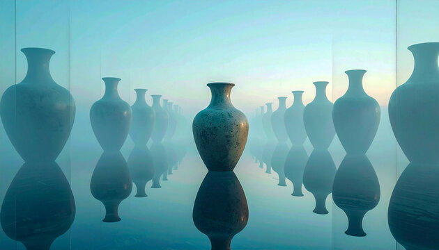Concentric rows of identical vases soft ethereal atmosphere