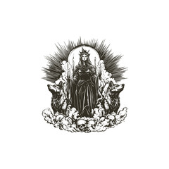 Obraz premium Dark gothic engraving illustration of a mysterious crowned queen or sorceress holding burning candles, flanked by two howling wolves, standing over a pile of human skulls amidst smoke