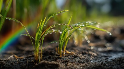 Delicate blades of young grass glistening with morning dew. The sunlight catches the water droplets, creating a soft, ethereal glow, with a beautiful rainbow