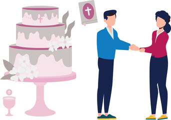 The boy and girl are cutting chirstmis cake