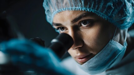 A scientist intently examines a sample under a microscope in a dimly lit laboratory