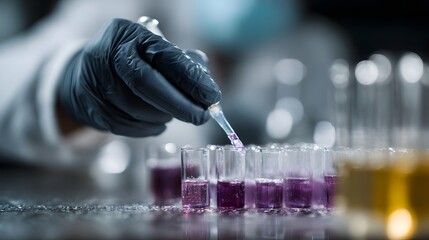 A gloved hand uses a pipette to add liquid to test tubes in a laboratory