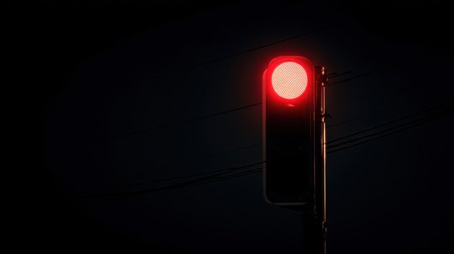 Isolated red traffic signal glowing in a dark void, cinematic lighting, perfect focus on the illuminated red circle