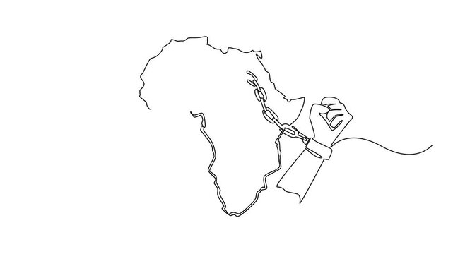 Animation of continuous one line drawing 2 clenched hands with broken handcuffs and the African continent. Commemoration. African Liberation Day. Single line self drawing animated. Full length motion
