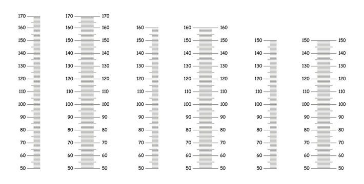 Kids height charts growth stickers for wall. Stadiometer scale from 50 to 150, 160, 170 centimeters. Height meter templates. Measuring scale black samples. Vertical markup for rulers.