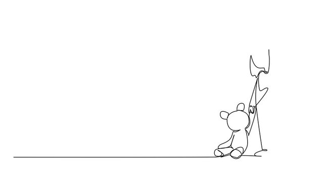 Animation of continuous line drawing a girl standing and looking down dejectedly holding a teddy bear. Abuse. National Missing of Children Day. Single line self drawing animated. Full length motion