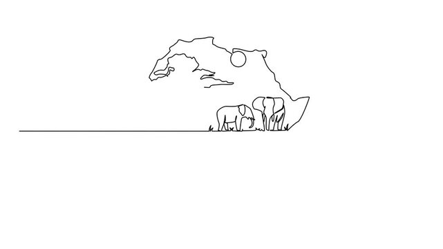 Animation of single one line drawing the African continent with 2 elephants, the sun and big tree in the middle. Jungle. Global Africa Day. Continuous line self drawing animated. Full length motion