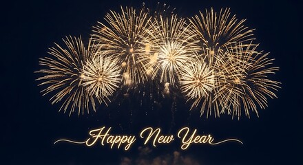 Golden fireworks exploding in the night sky with happy new year message in elegant cursive font below them