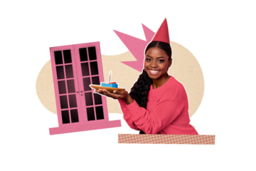 Composite trend artwork sketch image photo collage of happy birthday greeting congratulation lady smile hand hold cupcake candle fire