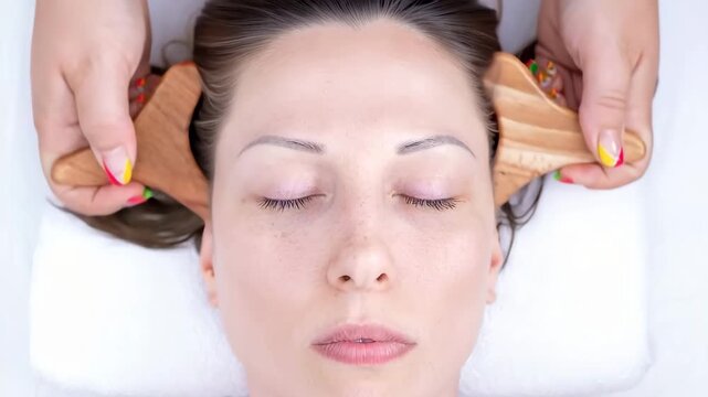 Massage, Maderotherapy. Woman receiving Maderotherapy facial massage with wooden instruments, showcasing the soothing technique, emphasizing relaxation and rejuvenation throughout the scene