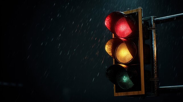 Realistic night capture of a red-yellow-green traffic light, only red glowing, sharp reflections, dark moody backdrop --ar 16:9 --v 7 Job ID: 049e3566-e8a0-4572-aa8d-89b49a39de31
