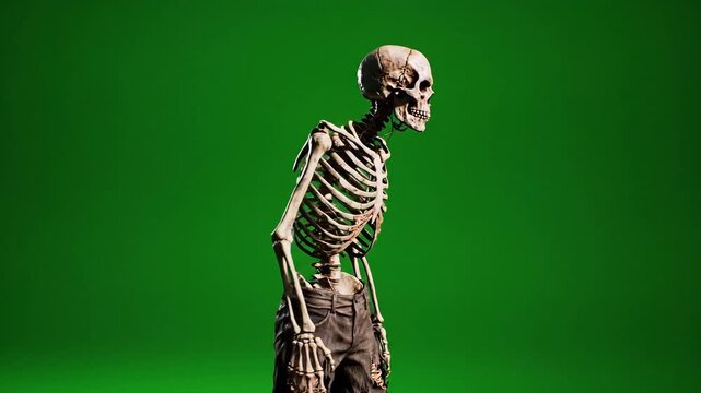 Creepy skeleton character animation with dramatic lighting against green screen backdrop, ideal for Halloween content, horror movie scenes, and scary games