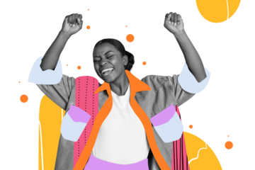 Creative picture collage happy young joyful girl dance disco party club celebrate festive event holiday drawing colorful background