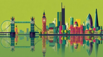 A colorful city skyline featuring iconic landmarks reflecting on water. The scene shows a vibrant cityscape with a focus on notable structures, creating a stunning visual