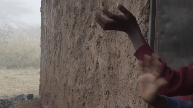 Kids hands waving saying goodbye - greeting hand gestures.