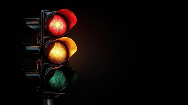 Red traffic light glowing bright in the night, green and yellow lights unlit, isolated on black background, concept of stop or danger