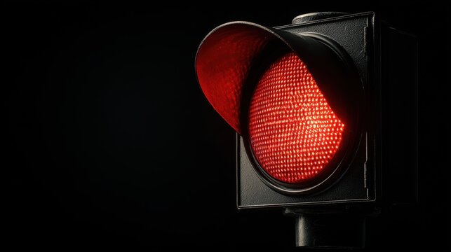 Red light from traffic signal glowing in the dark, black background highlighting vivid color, safety and caution concept
