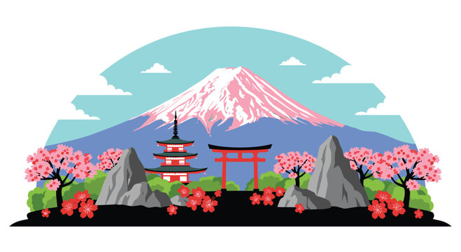 Stunning Mount Fuji view with cherry blossoms and torii gate in spring, a classic Japanese landscape for travel and cultural inspiration