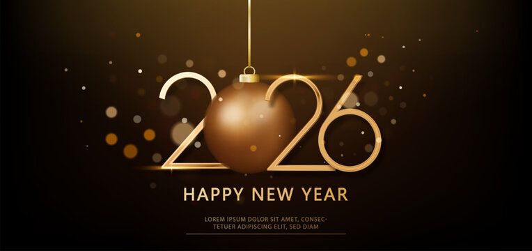 2026 New Year luxury banner design. Golden glitter glowing text on dark background. Festive elegant design template