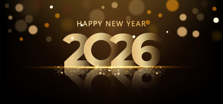 2026 Happy New Year celebration background. Golden numbers with glow light effects on black.