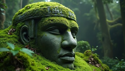 Ancient stone face sculpture overgrown with vibrant green moss in a rich forest setting. This serene mossy head rests in a jungle surrounded by trees and foliage, conveying a sense of mystery and age.