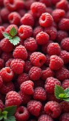 Pile of fresh ripe raspberries shows vivid red color and detailed texture. Some green leaves accentuates heap of juicy berries. Healthy fruit for eating.