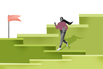 Template poster trend artwork 3D photo collage of target aspiration achievement ambition goal strategy flag young lady walk hold laptop