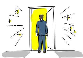 ドアの向こうの明るい世界へ足を踏み出すビジネスマン