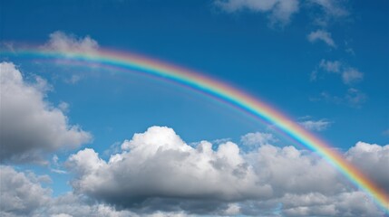 A vibrant rainbow arcs gracefully across a blue sky, painting a scene of hope and beauty amidst fluffy clouds