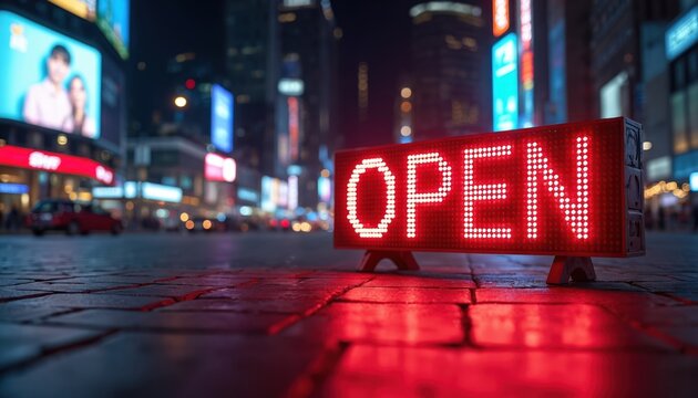Red illuminated open sign glows on urban street at night. Electronic led display invites customers to 24 hour business. Background features blurry city scene with neon advertising traffic lights,