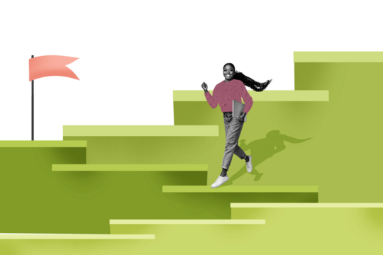 Template poster trend artwork 3D photo collage of target aspiration achievement ambition goal strategy flag young lady walk hold laptop