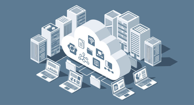 Modern data cloud connecting laptops and servers for seamless workflow and collaboration solutions in business technology management systems