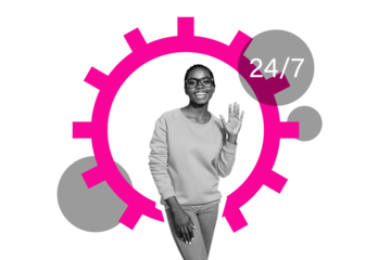 Composite trend artwork sketch image collage of silhouette young lady student work cogwheel gesture hi support 24 7 service help customer