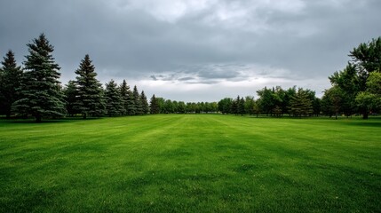 Obraz premium A serene expanse of lush green grass under an overcast sky