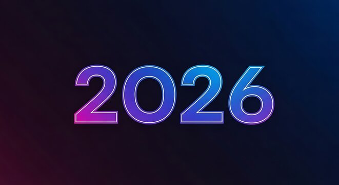 The year two thousand twenty six displayed with a neon gradient effect on a dark gradient background