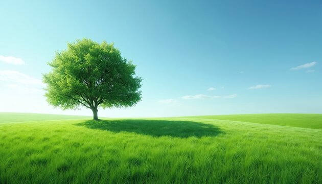 Single green tree stands in vast grassy field under clear blue sky. Bright sunlight casts long shadow from tree across rich, verdant landscape. Gentle rolling hills stretch towards horizon.