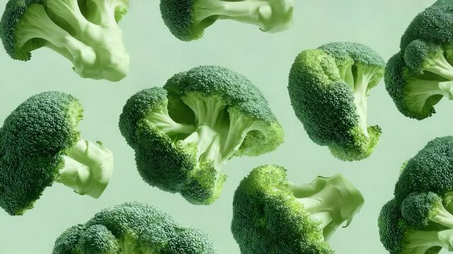 Broccoli florets scattered on a pale green background.