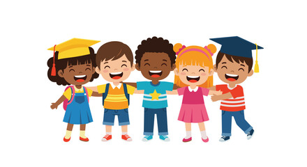 Joyful diverse kids celebrate graduation together, smiling with arms linked, showcasing friendship and educational success in a lighthearted style
