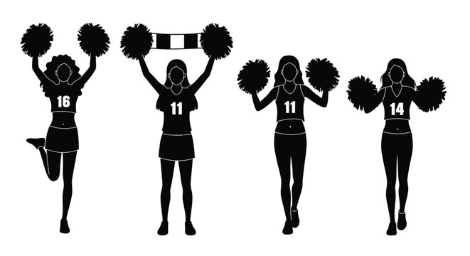 Silhouettes of four cheerleaders raising pom poms in a dynamic formation