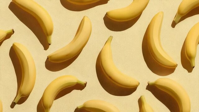 Numerous bananas scattered on a light yellow background.
