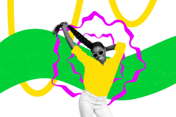 Sketch image trend montage 3D photo collage of vibrant color picture young woman african race hand hold braid hairdo dance smile sunglass