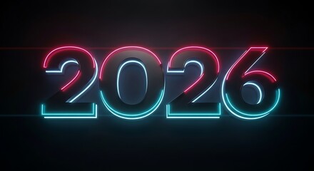 A futuristic neon sign displaying the year twenty twenty six with pink and teal glowing outlines