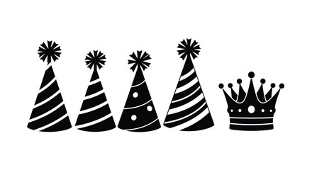 A collection of party hats and a crown in black and white © momotaj