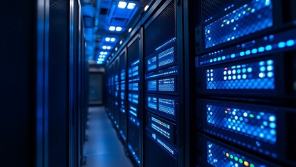 mainframe. Close-up of a high-tech server rack illuminated by glowing blue LEDs, symbolizing digital infrastructure. product launch decks.